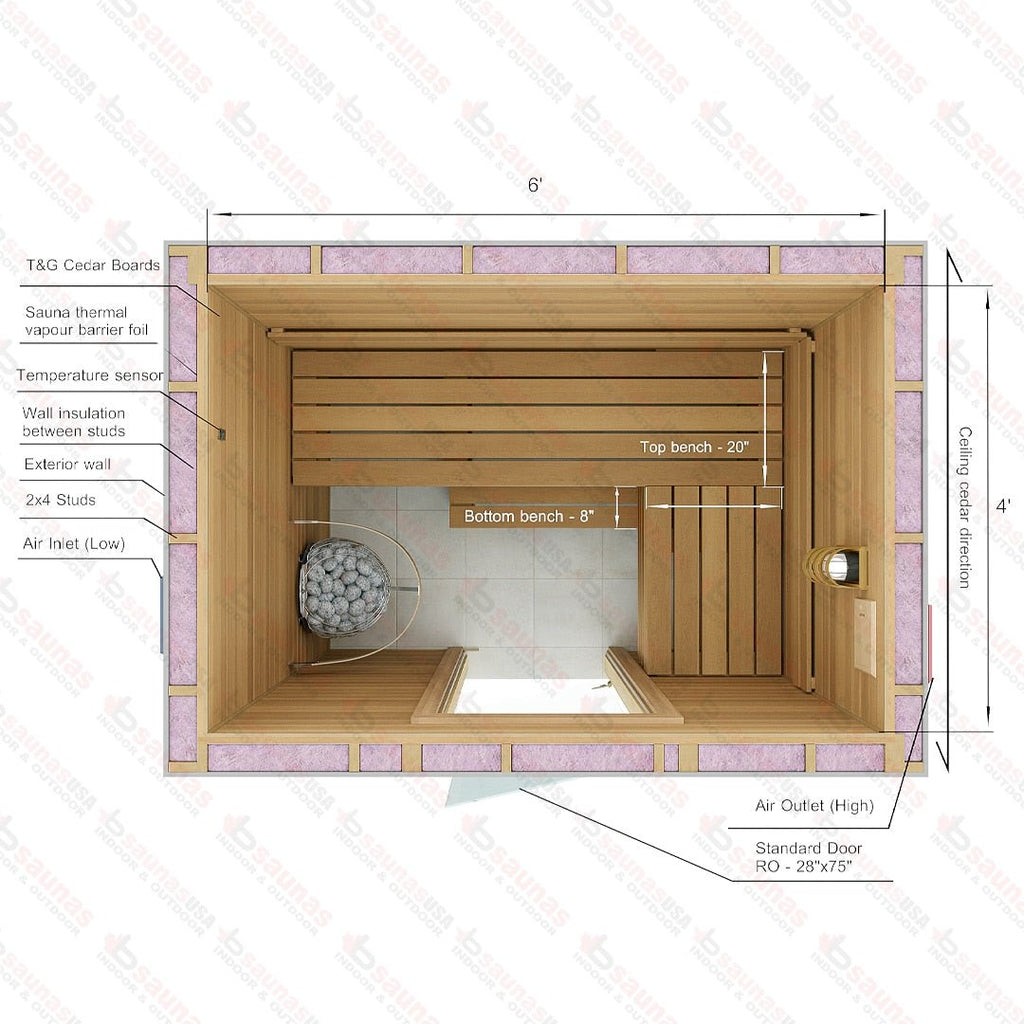 4x6x7 Custom Indoor Cedar Sauna Kit - West Coast Saunas - BSAUCUST467I - 7KA