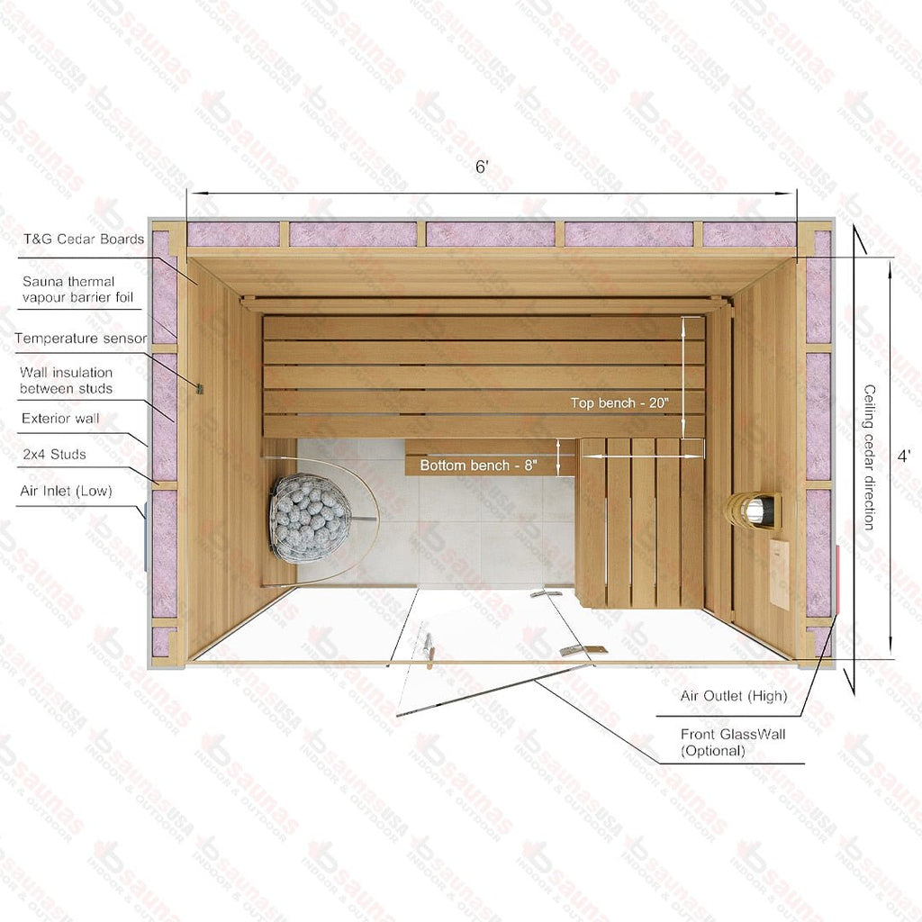 4x6x7 Custom Indoor Cedar Sauna Kit - West Coast Saunas - BSAUCUST467I - 7KA