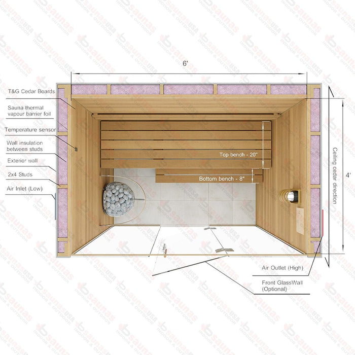 4x6x7 Custom Indoor Cedar Sauna Kit - West Coast Saunas - BSAUCUST467I - 7KA