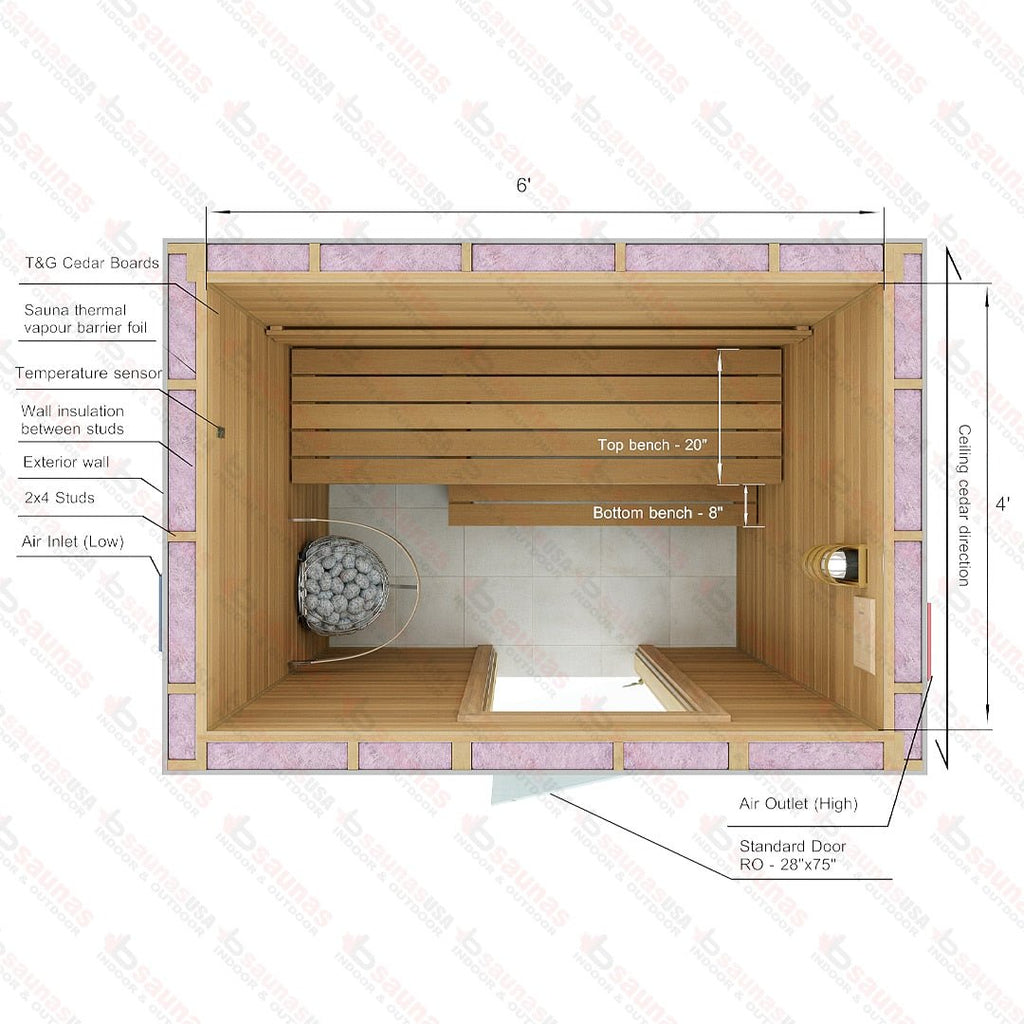 4x6x7 Custom Indoor Cedar Sauna Kit - West Coast Saunas - BSAUCUST467I - 7KA