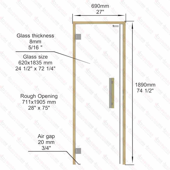 Alder Frame Door Benelux, Clear Glass, 690×1890 mm (27 1/8″ x 74 3/8″) - West Coast Saunas - BSAUNAACGDBL