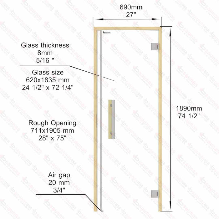 Alder Frame Door Benelux, Clear Glass, 690×1890 mm (27 1/8″ x 74 3/8″) - West Coast Saunas - BSAUNAACGDBR