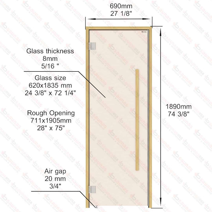 Alder Frame Door Benelux Square, Bronze Glass, 690×1890 mm (27 1/8″ x 74 3/8″) - West Coast Saunas - BSAUNAABGBSDL