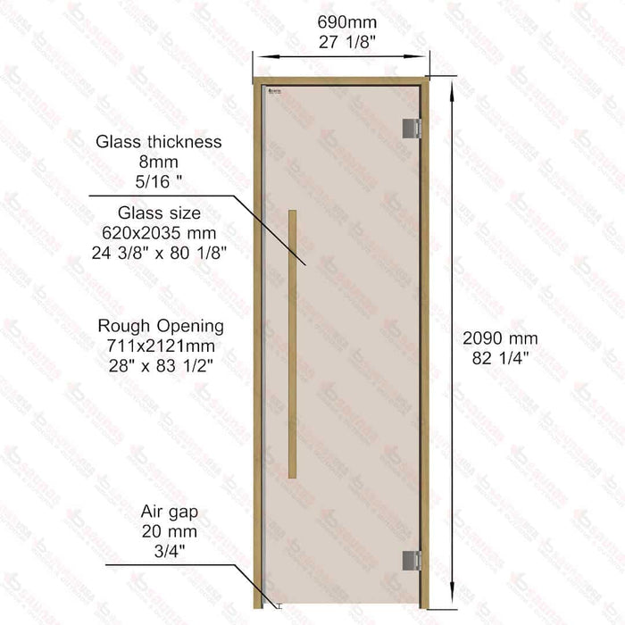 Alder Frame Door Benelux Square, Bronze Glass, 690×2090 mm (27 1/8″ x 82 1/4″) - West Coast Saunas - BSAUNAABGBSD2R