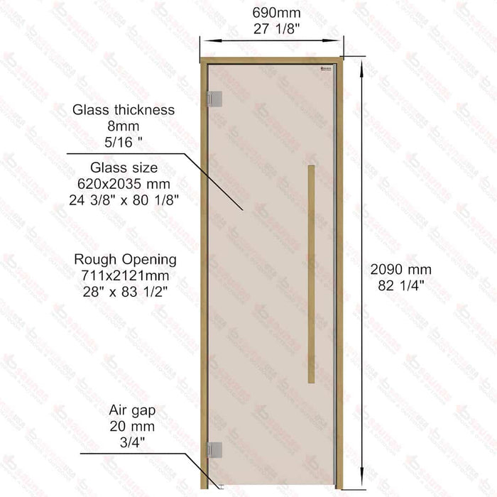 Alder Frame Door Benelux Square, Bronze Glass, 690×2090 mm (27 1/8″ x 82 1/4″) - West Coast Saunas - BSAUNAABGBSD2L