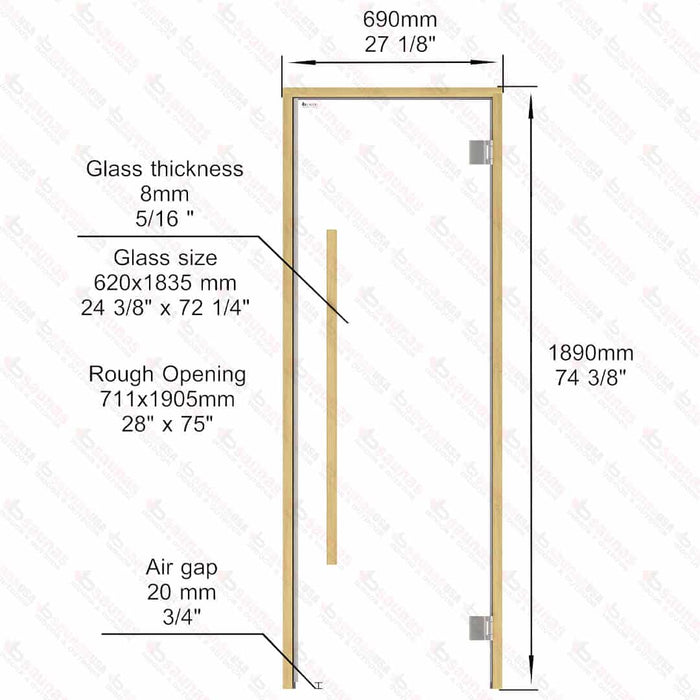 Alder Frame Door Benelux Square, Clear Glass, 690×1890 mm (27 1/8″ x 74 3/8″) - West Coast Saunas - BSAUNAACGBSDR