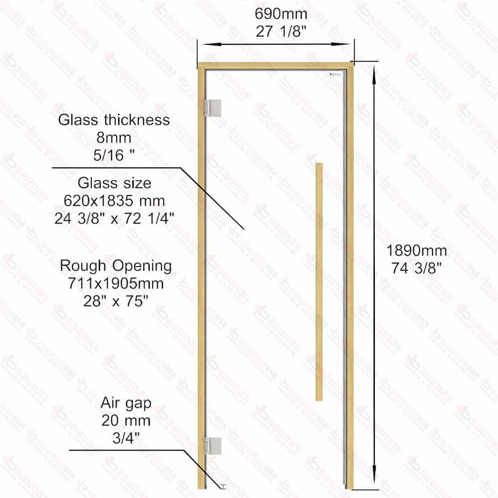 Alder Frame Door Benelux Square, Clear Glass, 690×1890 mm (27 1/8″ x 74 3/8″) - West Coast Saunas - BSAUNAACGBSDL