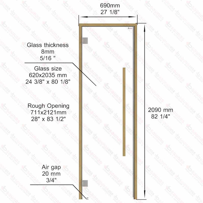 Alder Frame Door Benelux Square, Clear Glass, 690×2090 mm (27 1/8″ x 82 1/4″) - West Coast Saunas - BSAUNAACGBSD2L