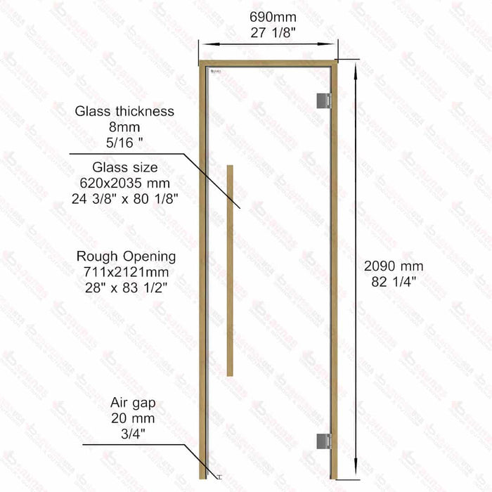 Alder Frame Door Benelux Square, Clear Glass, 690×2090 mm (27 1/8″ x 82 1/4″) - West Coast Saunas - BSAUNAACGBSD2R