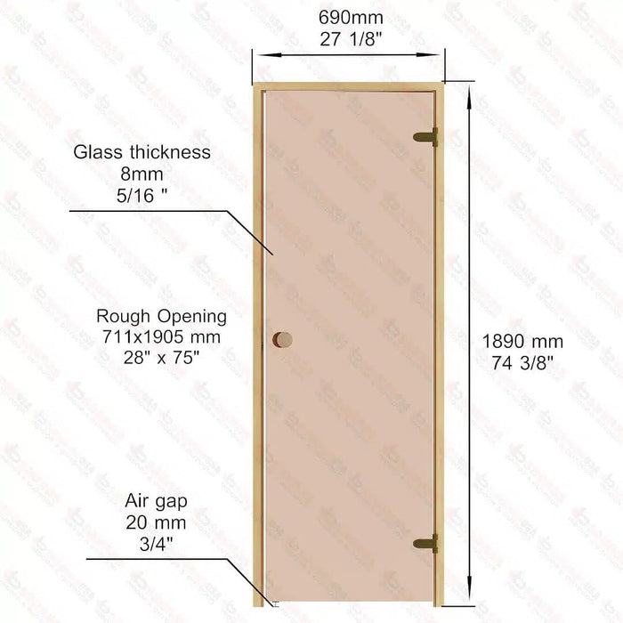 Alder Frame Door, Bronze Glass, 690×1890 mm (27 1/8″ x 74 3/8″) - West Coast Saunas - BSAUNAABGDR