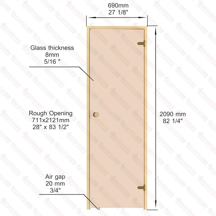 Alder Frame Door, Bronze Glass, 690×2090 mm (27 1/8″ x 82 1/4″) - West Coast Saunas - BSAUNAABGD2R