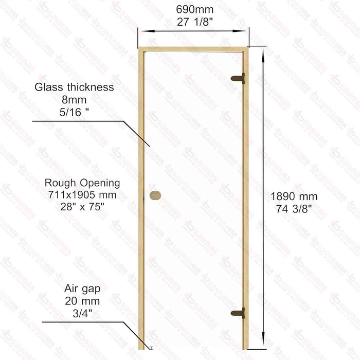 Alder Frame Door, Clear Glass, 690×1890 mm (27 1/8″ x 74 3/8″) - West Coast Saunas - BSAUNAACGDR