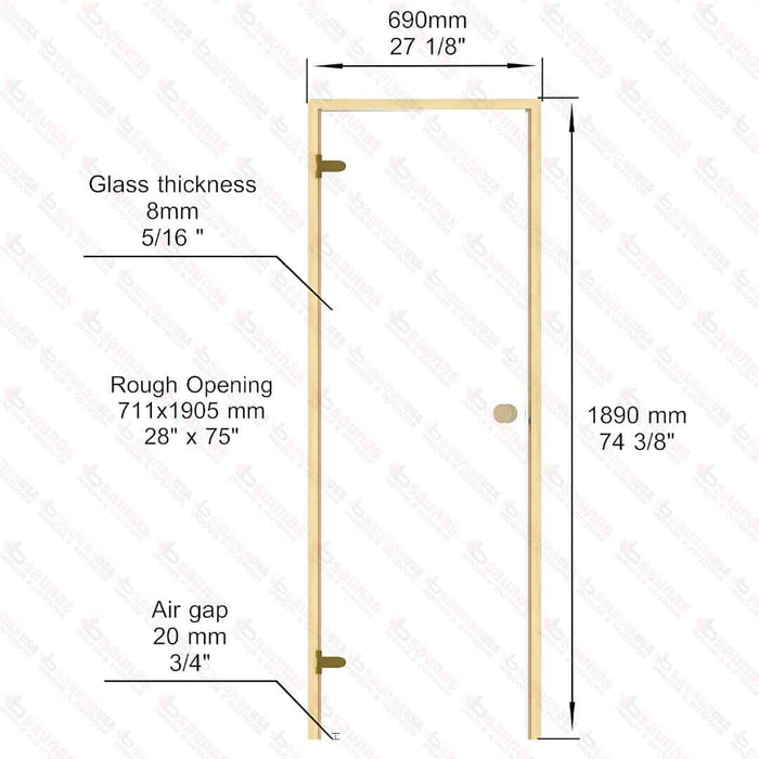 Alder Frame Door, Clear Glass, 690×1890 mm (27 1/8″ x 74 3/8″) - West Coast Saunas - BSAUNAACGDL