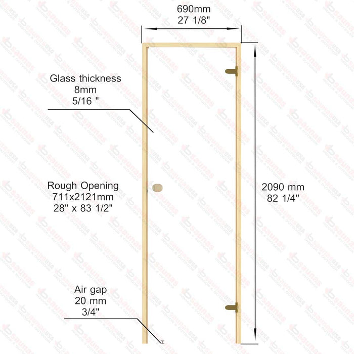 Alder Frame Door, Clear Glass, 690×2090 mm (27 1/8″ x 82 1/4″) - West Coast Saunas - BSAUNAACGD2R