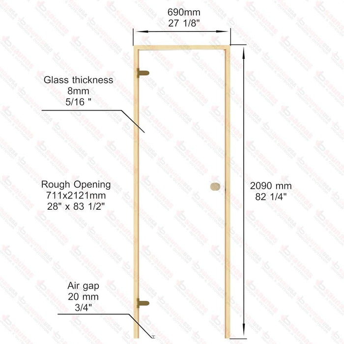 Alder Frame Door, Clear Glass, 690×2090 mm (27 1/8″ x 82 1/4″) - West Coast Saunas - BSAUNAACGD2L