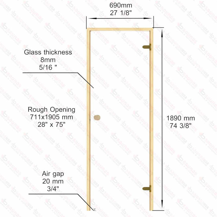Alder Frame Door, Frosted Glass, 690×1890 mm (27 1/8″ x 74 3/8″) - West Coast Saunas - BSAUNAAFGDR
