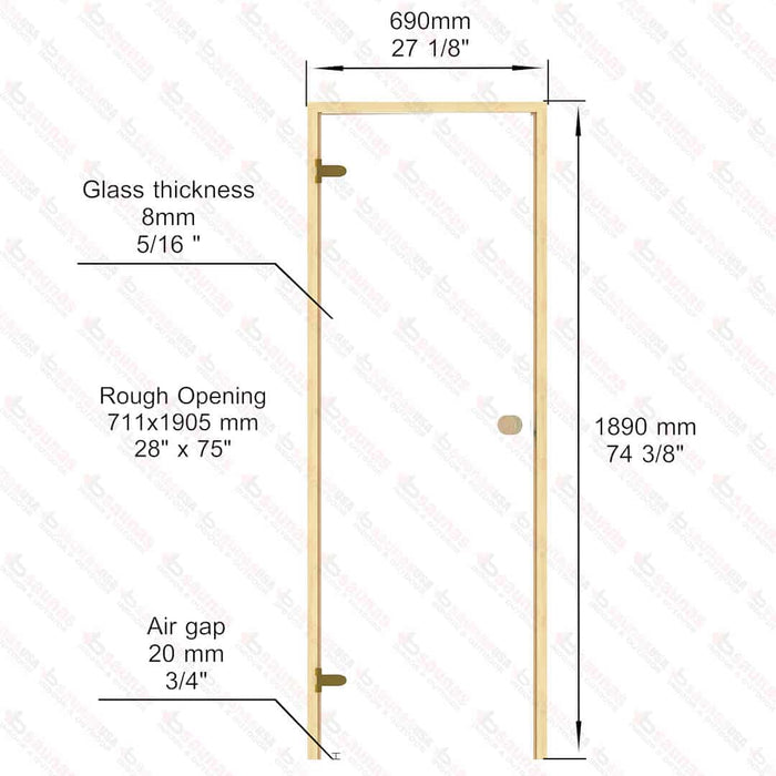 Alder Frame Door, Frosted Glass, 690×1890 mm (27 1/8″ x 74 3/8″) - West Coast Saunas - BSAUNAAFGDL