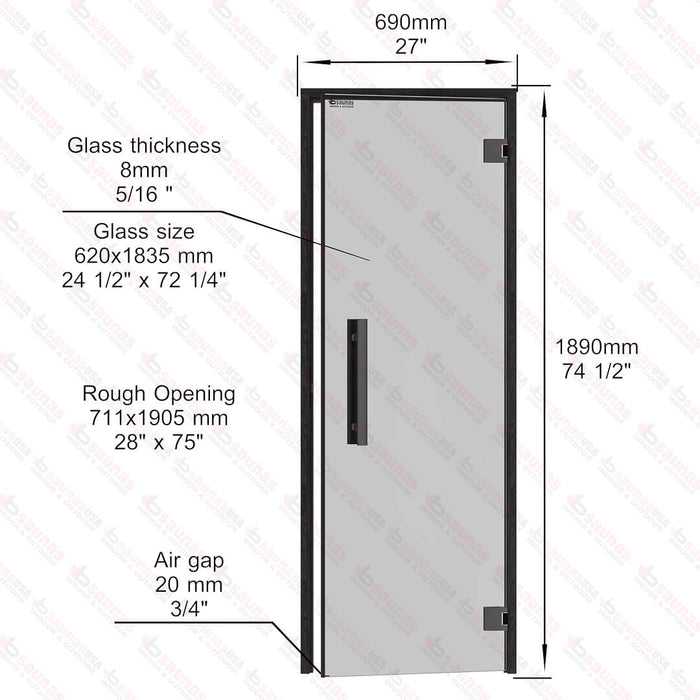 Aspen Black Frame Door Benelux, Grey Glass, 690×1890 mm (27 1/8″ x 74 3/8″) - West Coast Saunas - BSAUNAAGGBDR