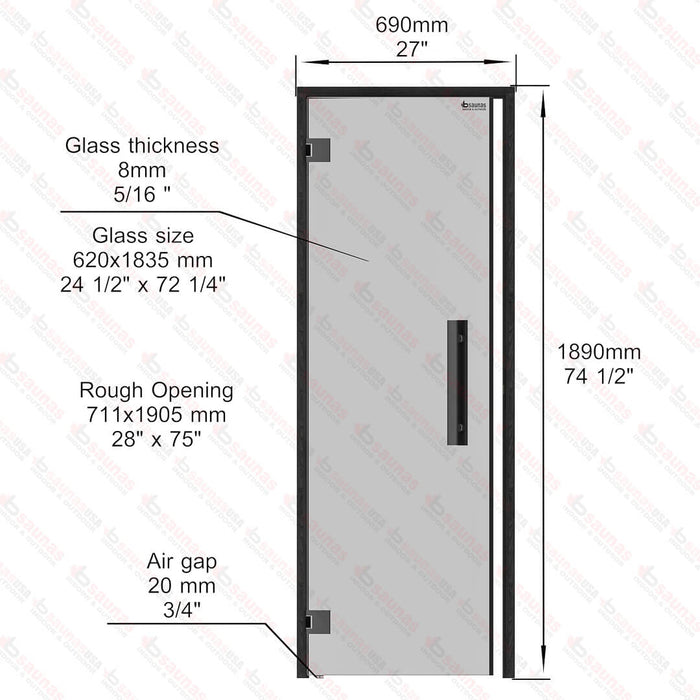 Aspen Black Frame Door Benelux, Grey Glass, 690×1890 mm (27 1/8″ x 74 3/8″) - West Coast Saunas - BSAUNAAGGBDL