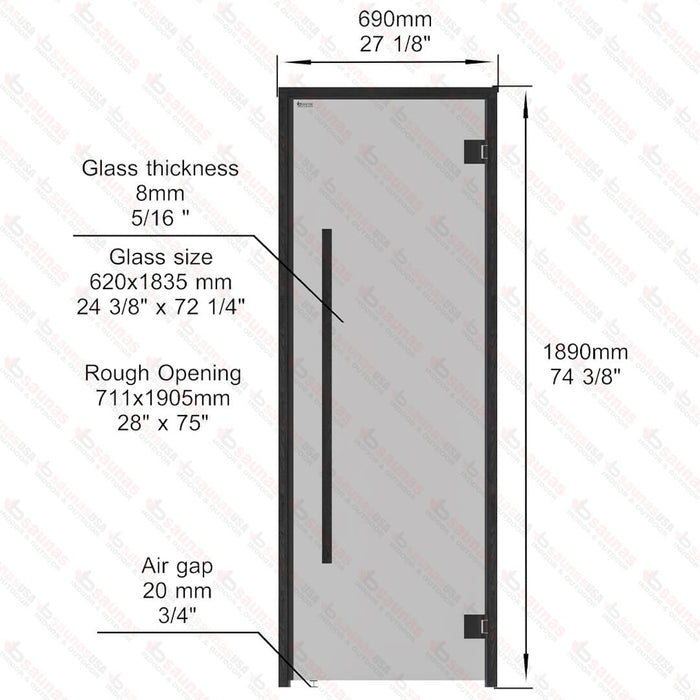 Aspen Black Frame Door Benelux Square, Grey Glass, 690×1890 mm (27 1/8″ x 74 3/8″) - West Coast Saunas - BSAUNAAGGBSDR