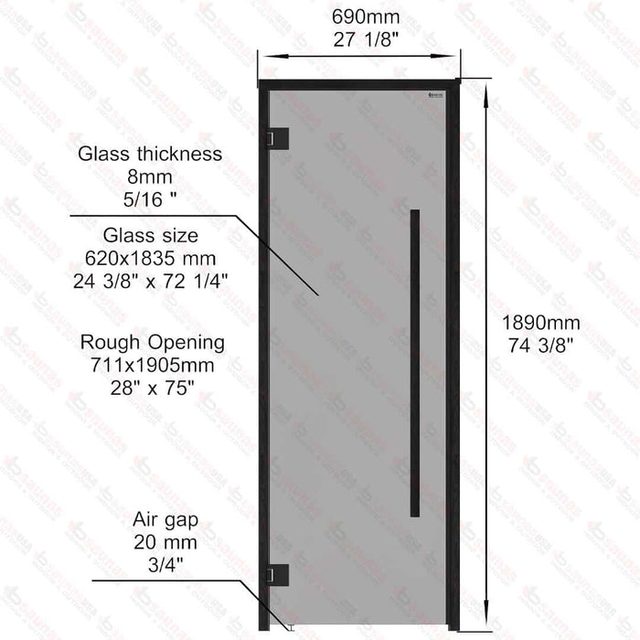 Aspen Black Frame Door Benelux Square, Grey Glass, 690×1890 mm (27 1/8″ x 74 3/8″) - West Coast Saunas - BSAUNAAGGBSDL