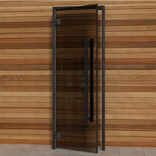Aspen Black Frame Door Benelux Square, Grey Glass, 690×1890 mm (27 1/8″ x 74 3/8″) - West Coast Saunas - BSAUNAAGGBSDR