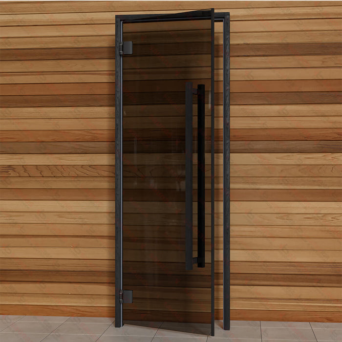 Aspen Black Frame Door Benelux Square, Grey Glass, 690×1890 mm (27 1/8″ x 74 3/8″) - West Coast Saunas - BSAUNAAGGBSDR