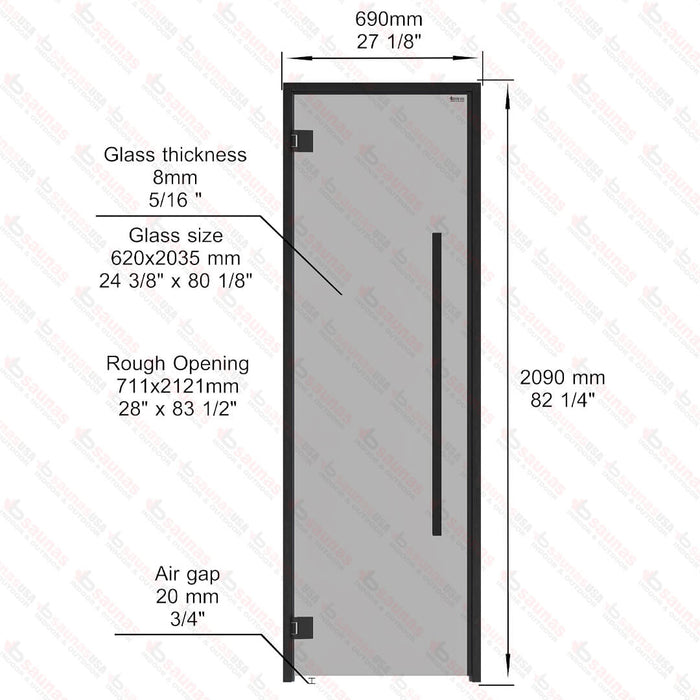 Aspen Black Frame Door Benelux Square, Grey Glass, 690×2090 mm (27 1/8″ x 82 1/4″) - West Coast Saunas - BSAUNAAGGBSD2L