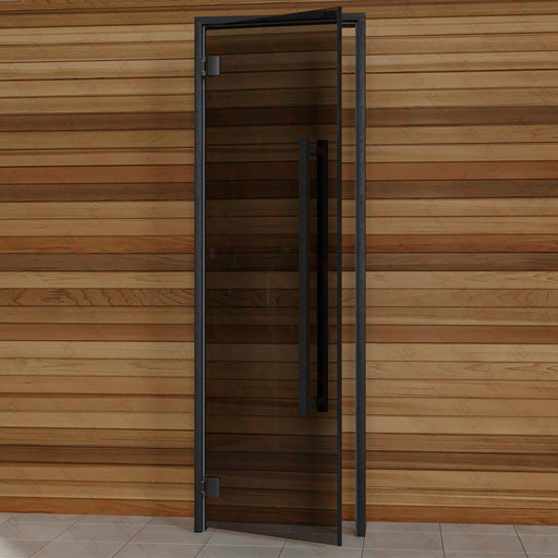 Aspen Black Frame Door Benelux Square, Grey Glass, 690×2090 mm (27 1/8″ x 82 1/4″) - West Coast Saunas - BSAUNAAGGBSD2R