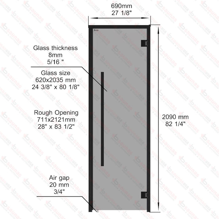 Aspen Black Frame Door Benelux Square, Grey Glass, 690×2090 mm (27 1/8″ x 82 1/4″) - West Coast Saunas - BSAUNAAGGBSD2R