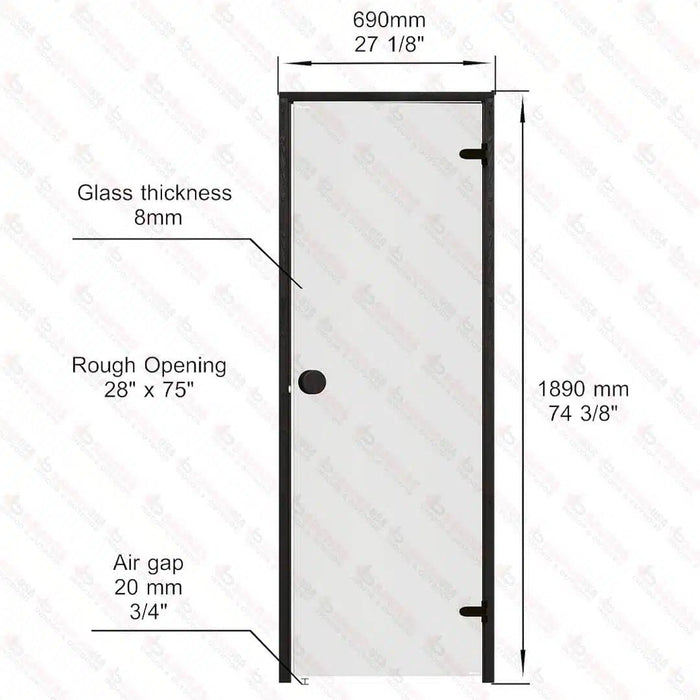 Aspen Black Frame Door Scan, Grey Glass, 690×1890 mm (27 1/8″ x 74 3/8″) - West Coast Saunas - BSAUNAABFGGDR