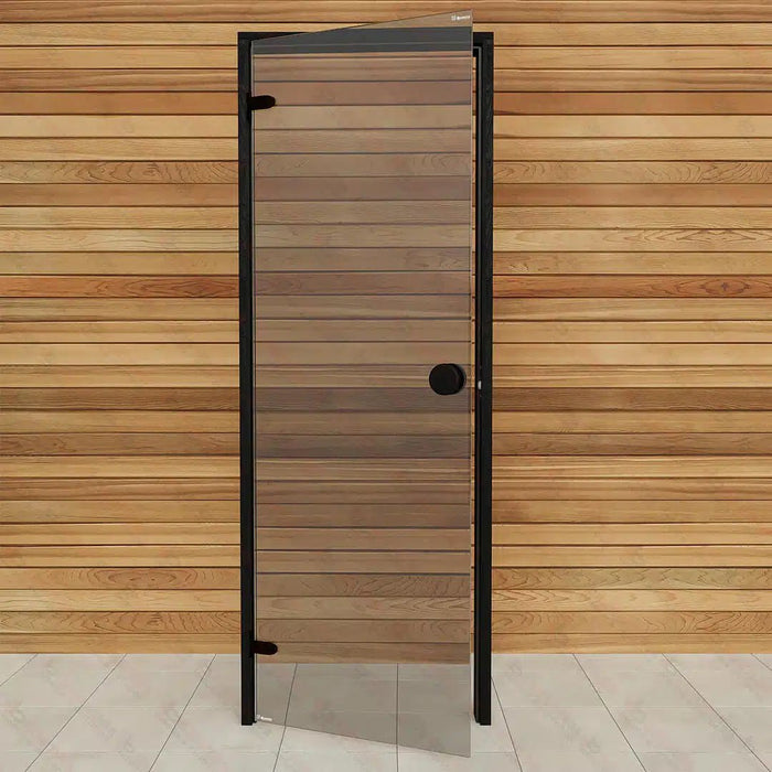 Aspen Black Frame Door Scan, Grey Glass, 690×1890 mm (27 1/8″ x 74 3/8″) - West Coast Saunas - BSAUNAABFGGDR