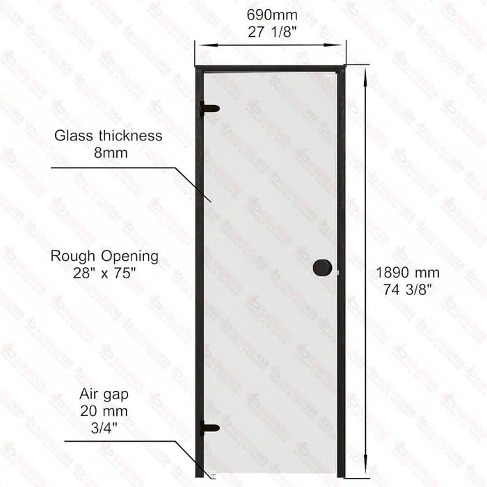 Aspen Black Frame Door Scan, Grey Glass, 690×1890 mm (27 1/8″ x 74 3/8″) - West Coast Saunas - BSAUNAABFGGDL