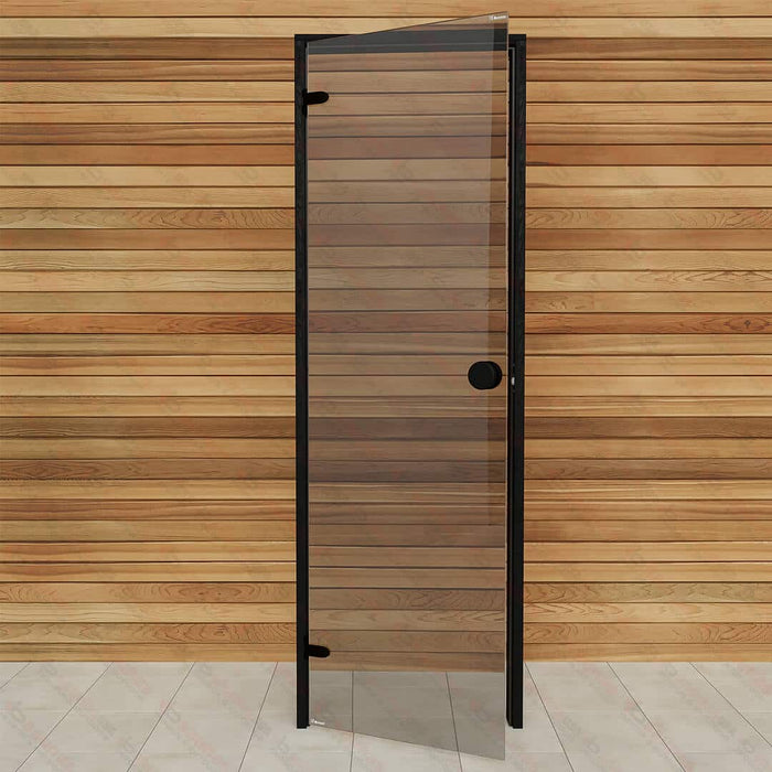Aspen Black Frame Door Scan, Grey Glass, 690×2090 mm (27 1/8″ x 82 1/4″) - West Coast Saunas - BSAUNAAGGDR