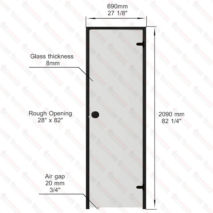 Aspen Black Frame Door Scan, Grey Glass, 690×2090 mm (27 1/8″ x 82 1/4″) - West Coast Saunas - BSAUNAAGGDR