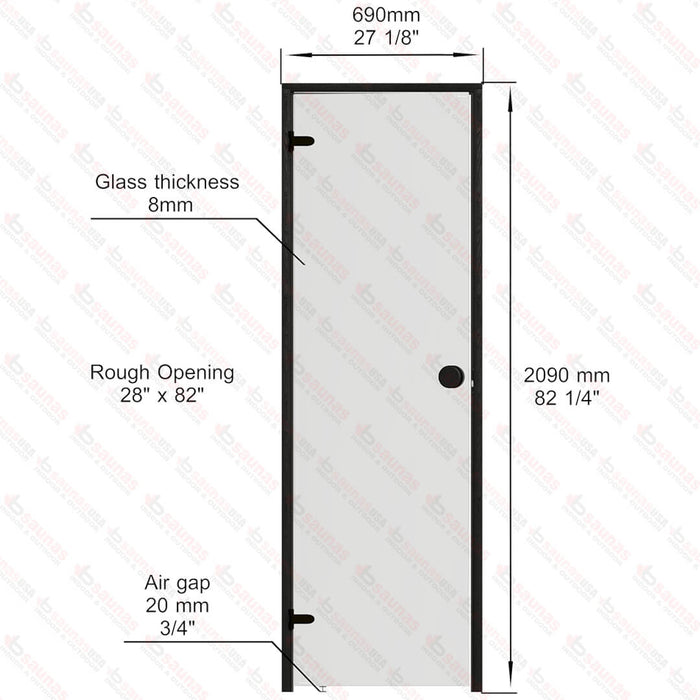 Aspen Black Frame Door Scan, Grey Glass, 690×2090 mm (27 1/8″ x 82 1/4″) - West Coast Saunas - BSAUNAAGGDL