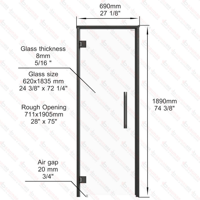 Aspen Black Frame Sauna Door Benelux, Clear Glass, 690×1890 mm (27 1/8″ x 74 3/8″) - West Coast Saunas - BSAUNAACGBDL