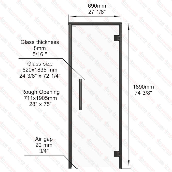Aspen Black Frame Sauna Door Benelux, Clear Glass, 690×1890 mm (27 1/8″ x 74 3/8″) - West Coast Saunas - BSAUNAACGBDR