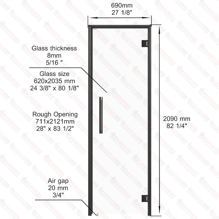 Aspen Black Frame Sauna Door Benelux, Clear Glass, 690×2090 mm (27 1/8″ x 82 1/4″) - West Coast Saunas - BSAUNAACGBD2R