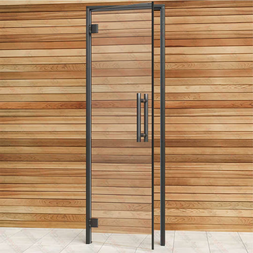 Aspen Black Frame Sauna Door Benelux, Clear Glass, 690×2090 mm (27 1/8″ x 82 1/4″) - West Coast Saunas - BSAUNAACGBD2R