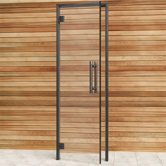 Aspen Black Frame Sauna Door Benelux, Clear Glass, 690×2090 mm (27 1/8″ x 82 1/4″) - West Coast Saunas - BSAUNAACGBD2R