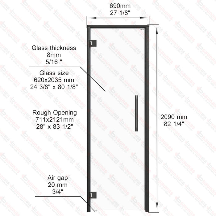 Aspen Black Frame Sauna Door Benelux, Clear Glass, 690×2090 mm (27 1/8″ x 82 1/4″) - West Coast Saunas - BSAUNAACGBD2L