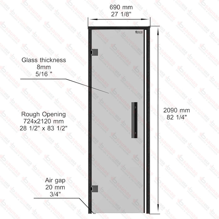 Aspen Black Frame Sauna Door Benelux, Grey Glass, 690×2090 mm (27 1/8″ x 82 1/4″) - West Coast Saunas - BSAUNAAGGB2DL