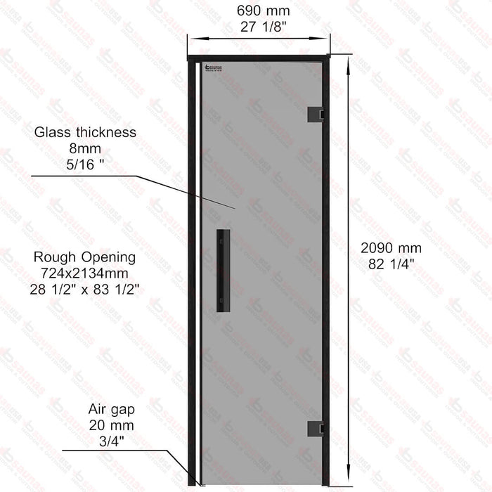 Aspen Black Frame Sauna Door Benelux, Grey Glass, 690×2090 mm (27 1/8″ x 82 1/4″) - West Coast Saunas - BSAUNAAGGB2DR