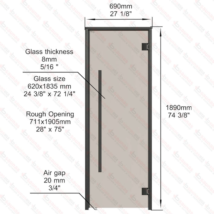 Aspen Black Frame Sauna Door Benelux Square, Bronze Glass, 690×1890 mm (27 1/8″ x 74 3/8″) - West Coast Saunas - BSAUNAABGBS2DR