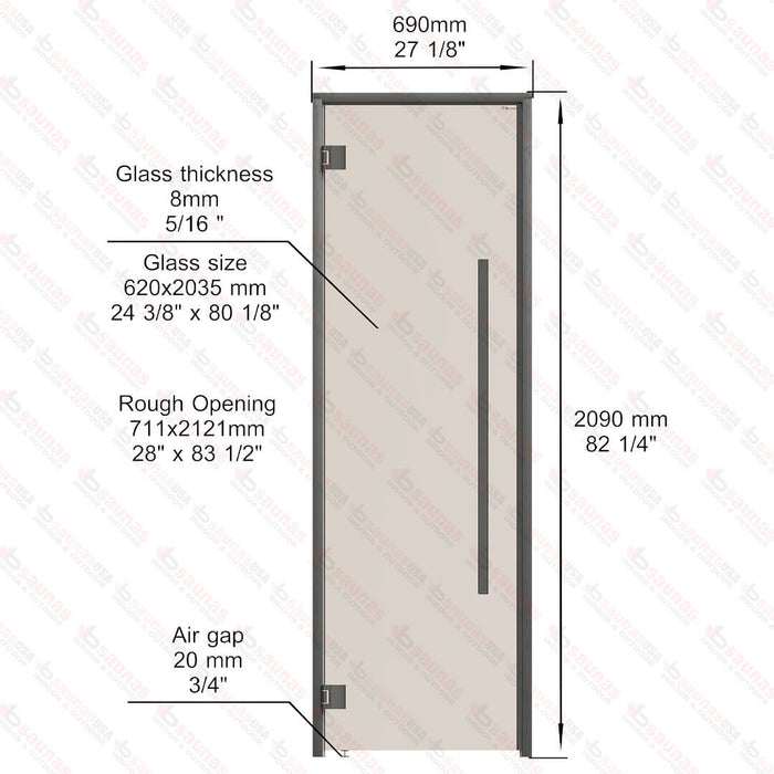 Aspen Black Frame Sauna Door Benelux Square, Bronze Glass, 690×2090 mm (27 1/8″ x 82 1/4″) - West Coast Saunas - BSAUNAABGBSD3L