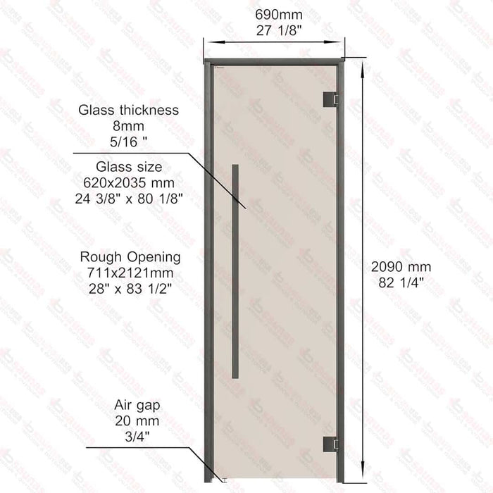 Aspen Black Frame Sauna Door Benelux Square, Bronze Glass, 690×2090 mm (27 1/8″ x 82 1/4″) - West Coast Saunas - BSAUNAABGBSD3R