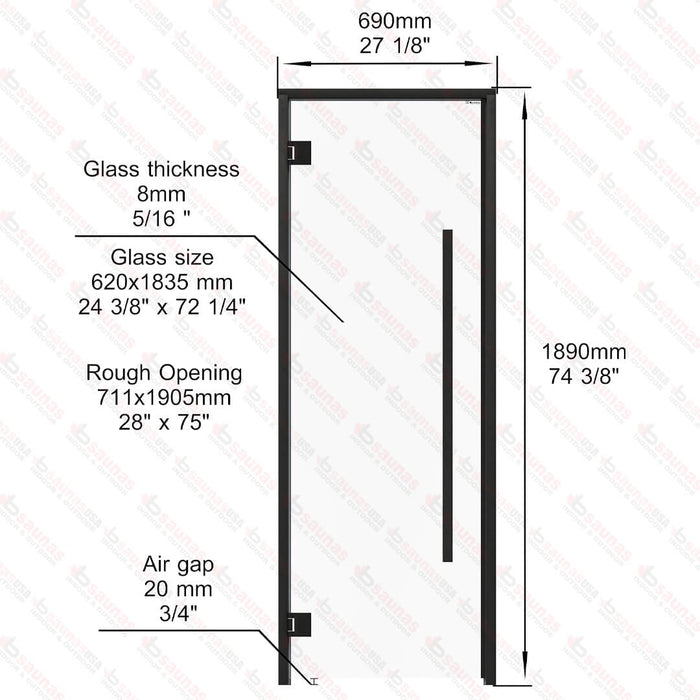 Aspen Black Frame Sauna Door Benelux Square, Clear Glass, 690×1890 mm (27 1/8″ x 74 3/8″) - West Coast Saunas - BSAUNAACGBS2DL