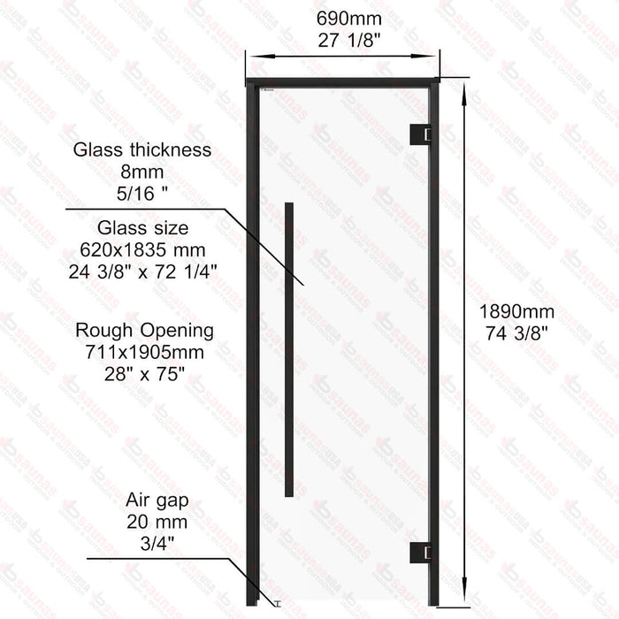 Aspen Black Frame Sauna Door Benelux Square, Clear Glass, 690×1890 mm (27 1/8″ x 74 3/8″) - West Coast Saunas - BSAUNAACGBS2DR