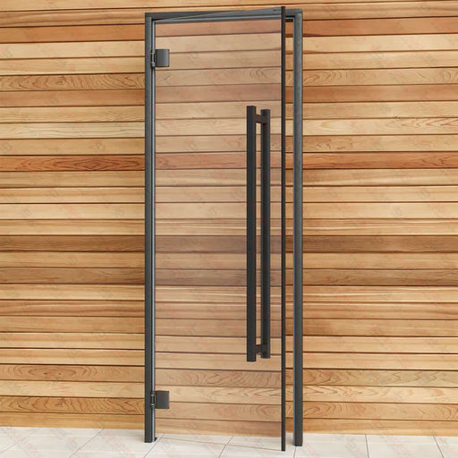Aspen Black Frame Sauna Door Benelux Square, Clear Glass, 690×1890 mm (27 1/8″ x 74 3/8″) - West Coast Saunas - BSAUNAACGBS2DR
